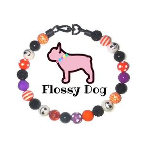 Howl-o-ween Beaded Dog Collar | Durable Dog Necklace | Orange, Black, White, Purple Jack Skellington Bead Collar | with Collar Charm
