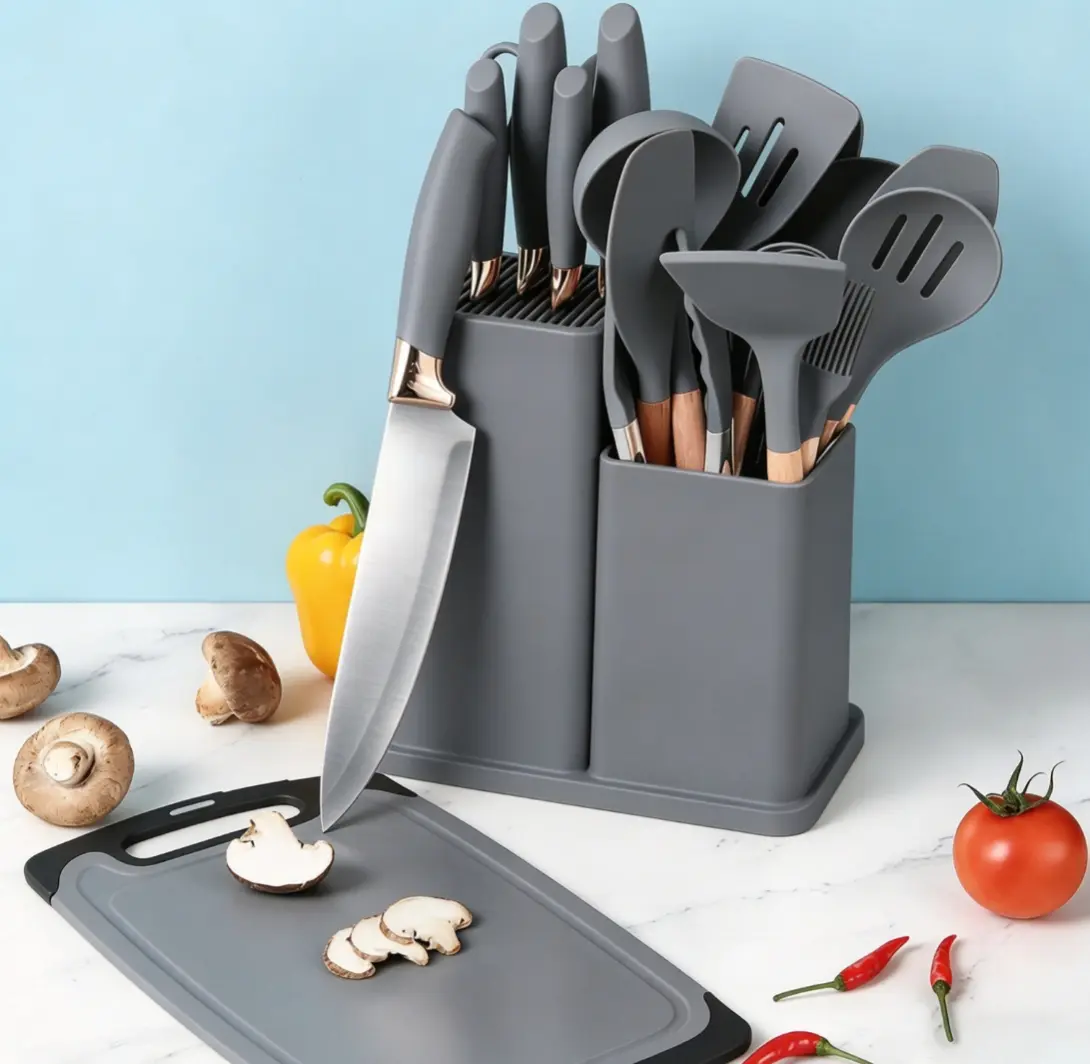 19-Piece Environmentally Friendly Wood & Heat-Resistant Silicone Cookware Set for Family Chefs - 11 Silicone Utensils, 6 Multi Knives, 1 Cutting Board, 1 Wood Spoon, Black Plastic Cookware