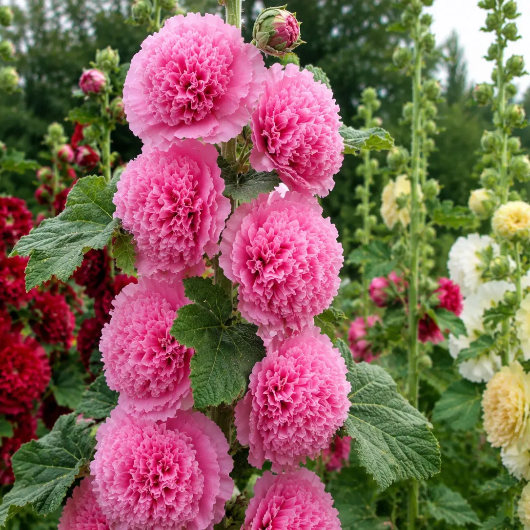 200PCS Biennial Double Hollyhock Flower Seeds - Radiant Rose Mixed Colors, Heirloom, Non-GMO, Ideal for Fences, Borders