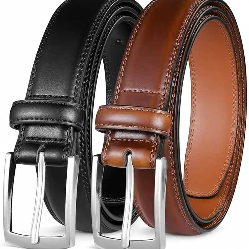 HAGIG 2 Pack Mens Leather Dress Belts for Men Black & Brown Classic Pin Buckle Design