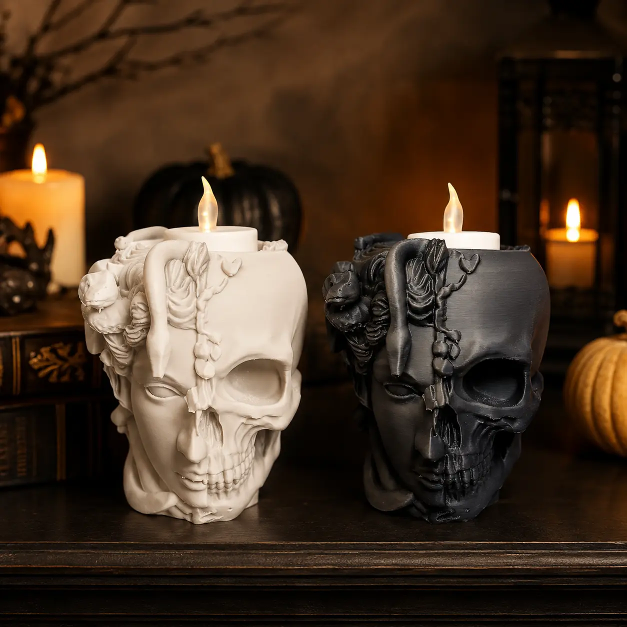 Gothic Medusa Skull Tea Light Holder, Half Face Half Skeleton Candle Decor with Snake Details, Dark Halloween Tabletop Ornament Gift for Horror and Gothic Decor Fans