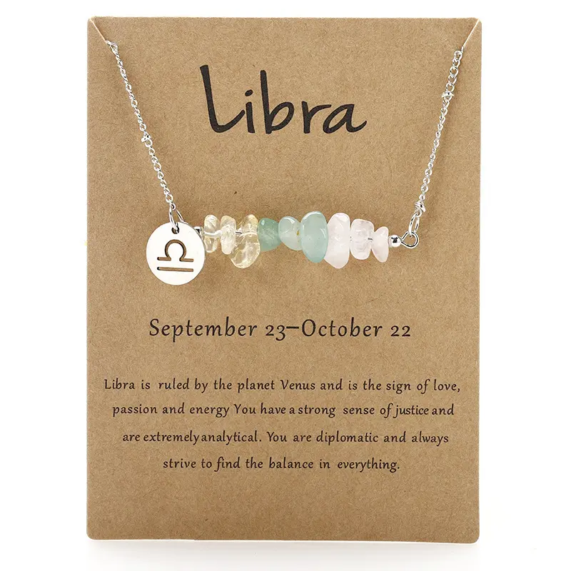 12 Zodiac Sign Crystal Chip Necklace with Stainless Steel Constellation Pendant, Adjustable Astrology Necklace for Women, Birthday Gift Jewelry