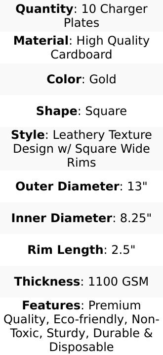 10-Pack Disposable Square Charger Plates 13" Gold with Leather Like Texture - 1100GSM Sturdy Paper Chargers for Classy Events & Galas