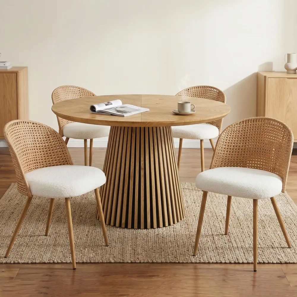 Bohemian-Medieval & Nordic Style Round Wooden Dining Table Set with 2 Brown Wicker Dining Chairs (21.65 Inches Width, 29.92 Inches Height), Soft Beige Sponge Cushions for Dining Room