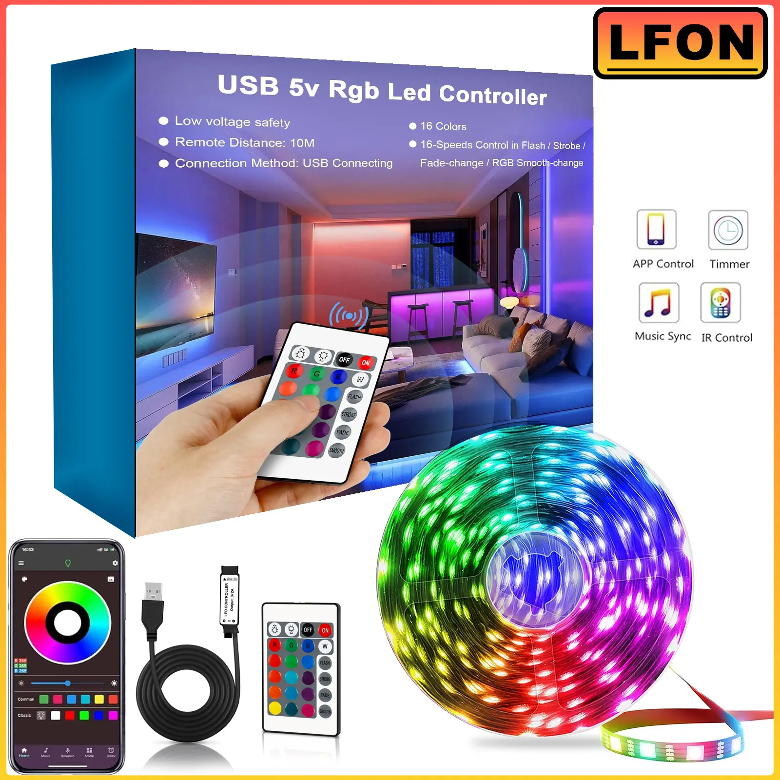 Smart RGB Led Strip Lights,5/10/20 m Led Lights for Bedroom with App Control, Multicolor Changing Led Light Strips Apply for Home Decor, Living Room, Kitchen, Home Party Decoration