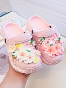 Girls' Fashionable Colorful Floral Decor Wooden Clogs, Lightweight Non-Slip EVA Soft Sole, Breathable Comfort for Beach and Outdoor Play
