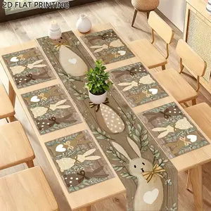 Easter Bunny Table Runner Set, 5/7 Piece (tablecloth 33x183cm + Placemat 30x45cm), Spring Summer Autumn Winter, Home Kitchen Party Decor