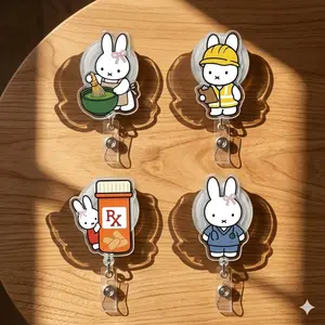 Funny Bunny Rabbit Sparkly Retractable Badge Reel Cute Engineer Matcha Rx Pharmacy Scrubs Acrylic ID Holder For Nurse Tech Student Gift