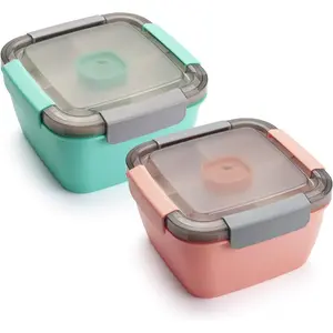 2 Pack Salad Lunch Containers To Go, 52-oz Bowls with 3 Compartments, Dressing Containers for Toppings and Snacks, Pink & Green