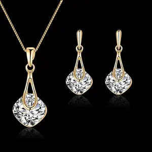 JEWEL4U - Fashion Women Water Drop Pendant Square Rhinestone Ear Stud Earrings Necklace Lady Jewelry Set