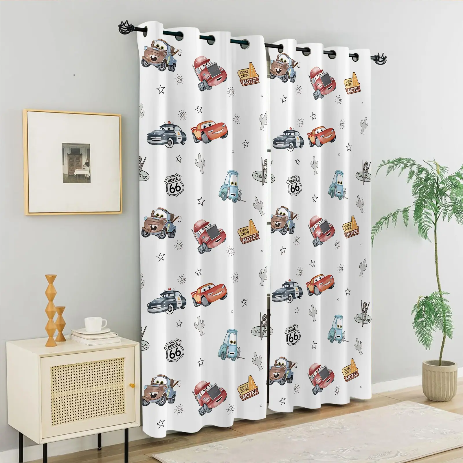 Cartoon Car & Route 66 Pattern Curtains, Kids Vehicle Print Window Curtains for Bedroom Living Room, White Background with Cactus & Motel Decor, Ideal Gift for Young Car Enthusiasts, Playful Home Decor, Window Hanging, Window Drapes, Polyester Curtain