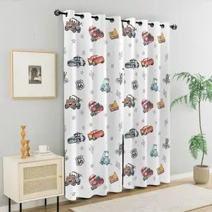 Cartoon Car & Route 66 Pattern Curtains, Kids Vehicle Print Window Curtains for Bedroom Living Room, White Background with Cactus & Motel Decor, Ideal Gift for Young Car Enthusiasts, Playful Home Decor