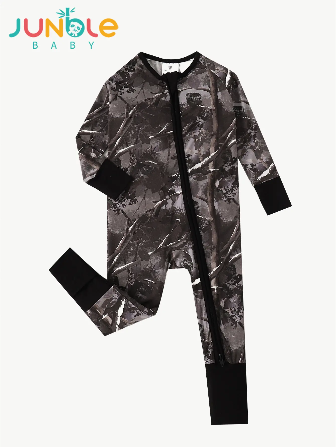 Cotton fiber baby zipper long-sleeved shirt with tree print and double zippers, with flip-up foot covers and soft breathable fabric. Baby one-piece play suit., Unisex