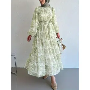 Women'S Middle Eastern-Inspired Long Dress with Colorful Floral Print, Belted Waist, and Flowing A-Line Silhouette - Lightweight Polyester for Spring/Summer, Casual Elegance, Casual Elegance Dress| Flowing Silhouette Dress| Intricate Print Dress