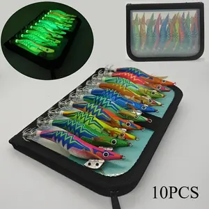 10 Squid Lures, Glow-In-The-Dark Wooden Shrimp Hooks, Sea Fishing Lures, Lightning Stripe Glow Wooden Shrimp, Includes Storage Bag, Ideal for Night Fishing