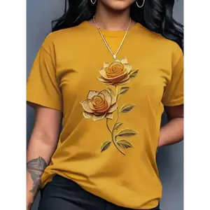 Women's Yellow Rose Print Fitted Short Sleeve T-Shirt Casual Crew Neck Graphic Tee YC490112
