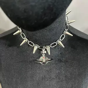 Y2K Style Queen Mother West Little SaturnPearlHorseshoe Nail Bone Necklace 3D Planet NecklaceBracelet Titanium Alloy Daily WearParties StackableClavicle Chain 44-48cm Length 10mm Sphere