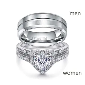 Ringcrown Couple Rings Matching Ring Heart 1ct AAA CZ White GoldenPlated 2pcs Women Wedding Ring Sets For Him And Her Ring Sets Men Titanium Steel Wedding Band