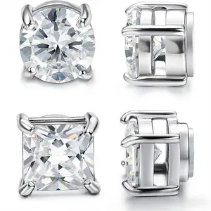 Magnetic Earrings for Men Women Shiny Round Cubic Zirconia Stud Earrings for Non-Pierced Ears Hypoallergenic Stainless Steel Fake Earrings