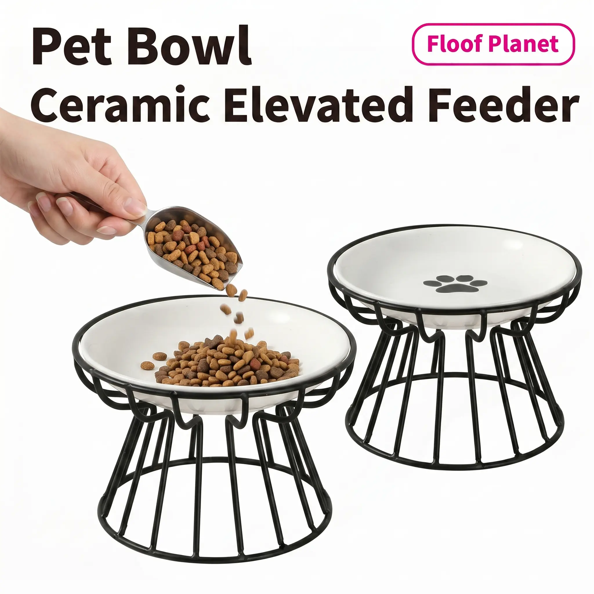 Modern Raised Ceramic Cat Bowl with Metal Stand, Aesthetic Pet Food and Water Feeder, Cute Paw Print Spill-Proof Dog Cat Dish