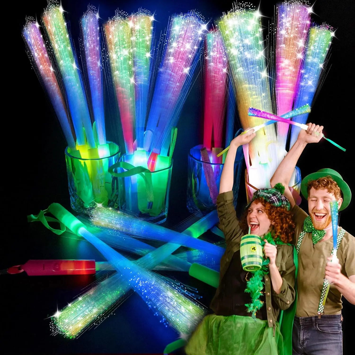 28 PCS Glow Fiber Wands Sticks, LED Light Wands, Glow in The Dark Party Supplies, Fiber Optic Wands, LED Flashing Sticks for July 4th Party, Wedding, Halloween