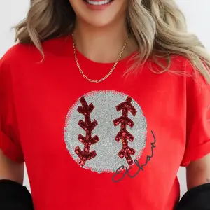 Baseball Sequin Embroidered Applique Unisex T-Shirt Game Day Shirt with Optional Personalized Childs Name Cotton Crewneck Short Sleeve Tops