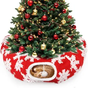 Tunnel Christmas Tree Skirt, -Proof Soft Plush Tunnel Bed Under Christmas Tree with Washable Cushion, Foldable Peekaboo Donut Cave for Indoor Kitties, Snowflake  Design