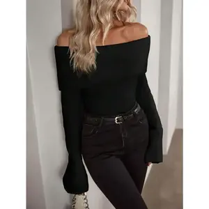 Off Shoulder Foldover Ribbed Knit Sweater,Long Sleeve Tops Fit Knitwear