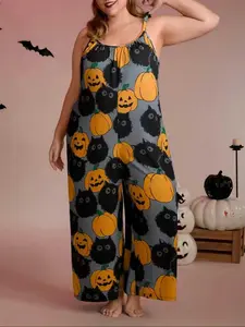 Women's Round Neck Romper, Halloween Theme, Sleeveless Wide Leg, Pumpkin and Cat Print, Perfect for Festive Occasions