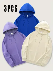 Men's New Trendy Fall Winter Hooded Sweatshirt Set, Casual Daily Drawstring Hoodie, Kangaroo Pocket, 3-Piece Combo Pack