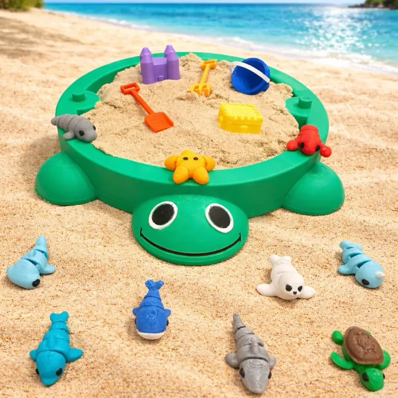 3D Printed Turtle or Crab Sandbox with Articulated Sea Creatures, Moon Sand Play Set