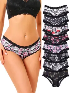 8-Pack Women's Lace Patchwork Thong Panties Set, Elastic Fabric, All over Print Design, Comfortable Casual Fashion