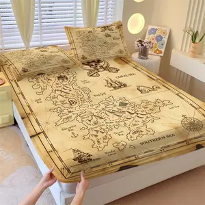 Vintage Pirate Treasure Map Fitted Sheet Set and 2 Pillowcases No Core, Adventure Theme Boy's Bedroom Decor, Vintage Yellowed Parchment Pirate Treasure Map Design, Soft Anti-Slip Bed Linen, Gift Idea