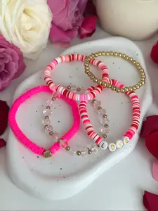 Valentine's Day Striped Mixed Color Layered Set, Letter Love + Light Kiss Lips, Fashion Trendy Valentine's Date Jewelry, Soft Pottery Bracelet