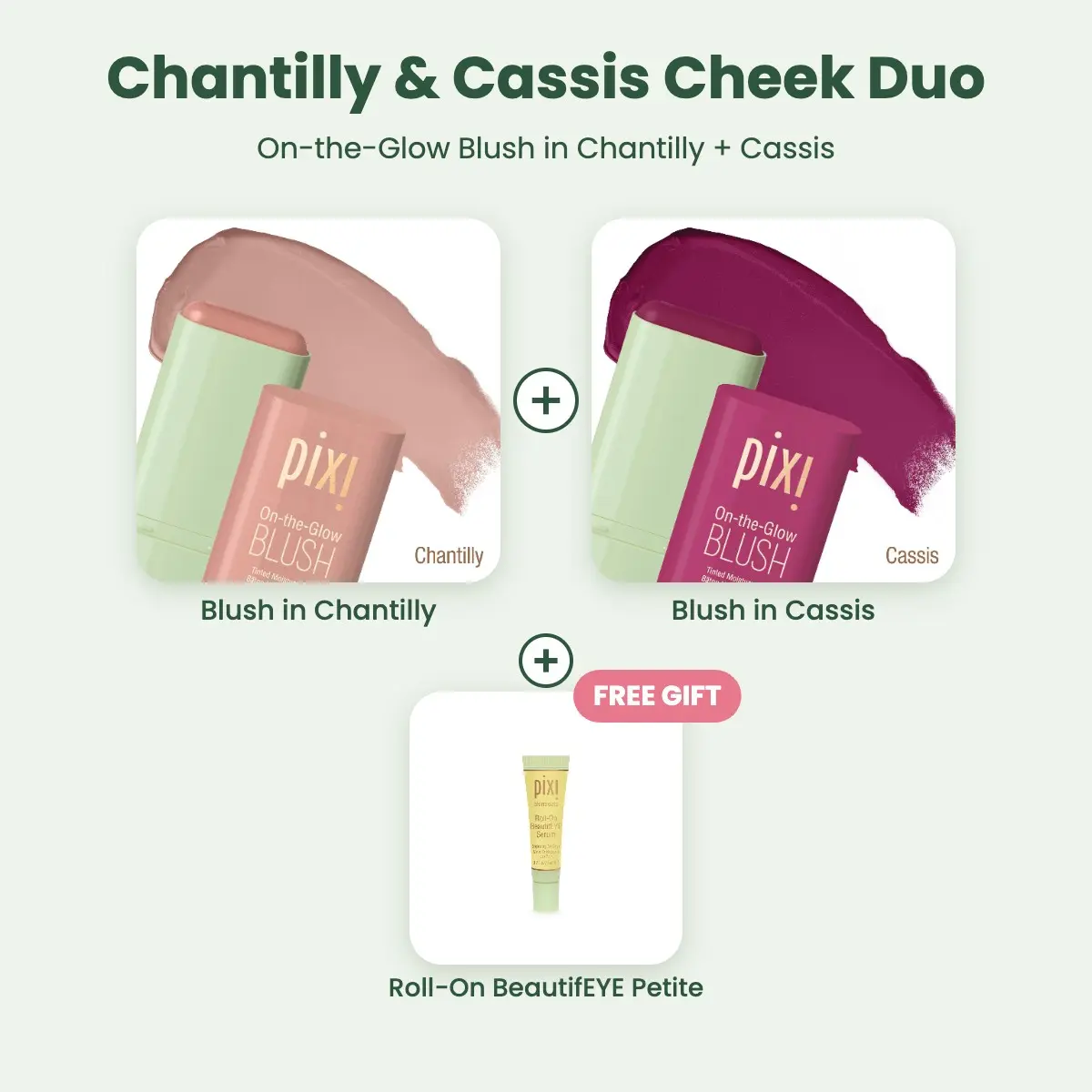 Pixi Chantilly & Cassis Cheek Duo - On-the-Glow Blush Sticks in Chantilly & Cassis, with FREE Roll-On BeautifEYE Serum Petite