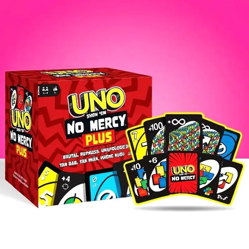 UNO No Mercy Plus Card Set - 210 Cards with Extreme Rules, Fun & Competitive Party Game for Family, Friends, and Game Nights - Tougher Action Cards, Stacking & Swapping Rules, Great Gift for Kids & Adults