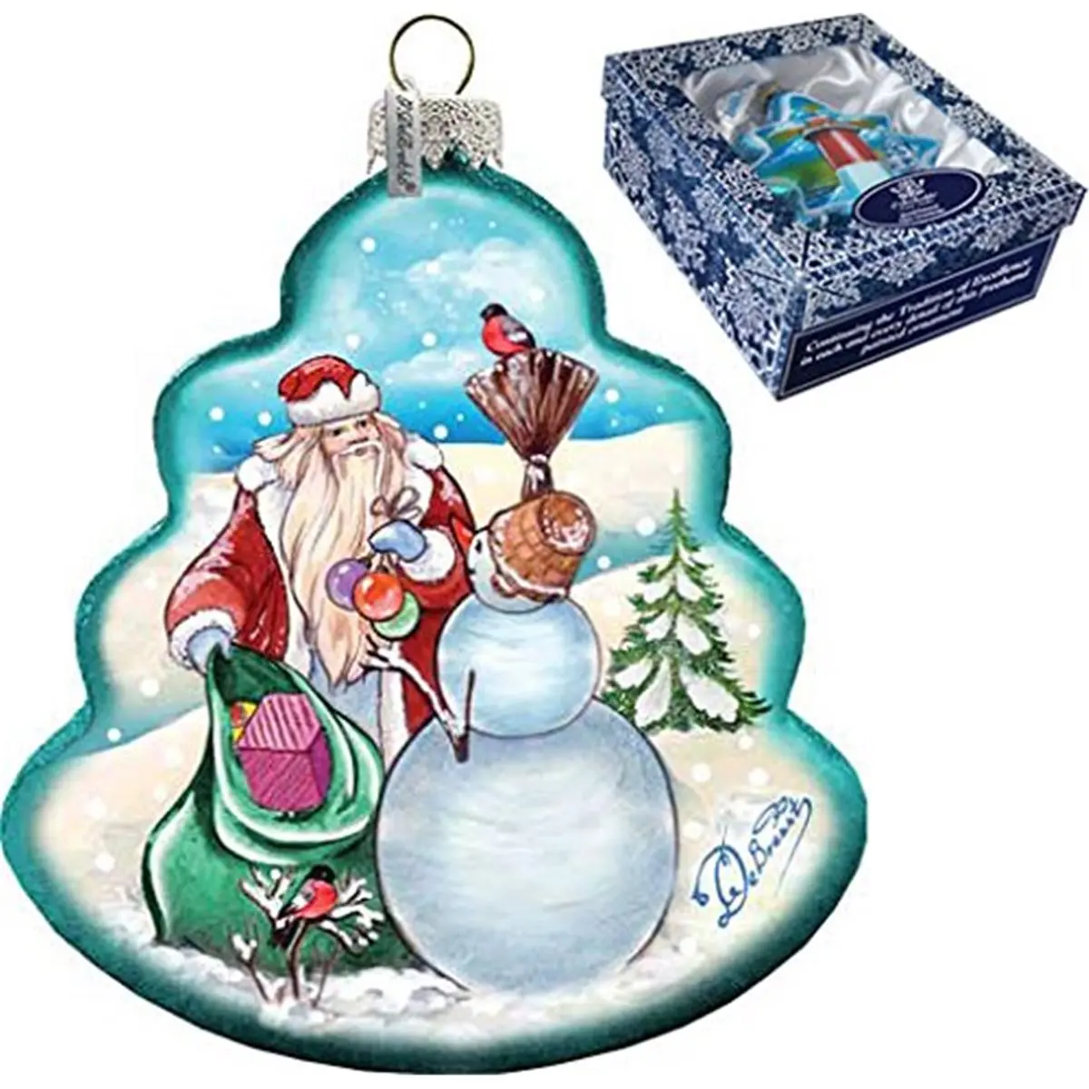 GDeBrekht 762-011 Hand-Painted Artistic Satin Christmas Glass Ornament - Santa With Snowman, Tree, Holiday Figurines & Miniatures, Decorative Christmas Decor Home Gift, Gold
