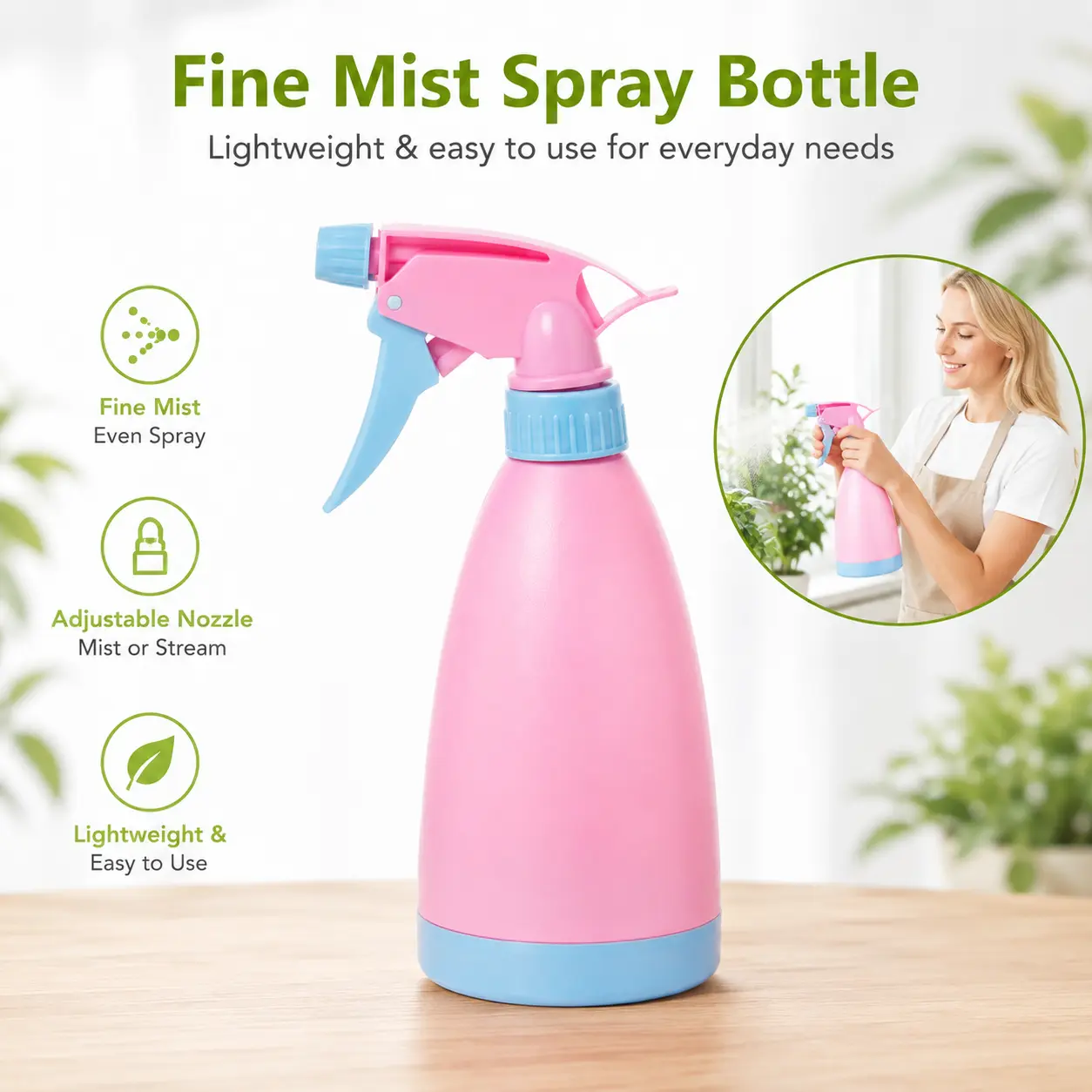 1 Count Pink Spray Bottle, Adjustable Nozzle Fine Mist Sprayer Lightweight Leak-proof for Plant Watering Household Surface Cleaning