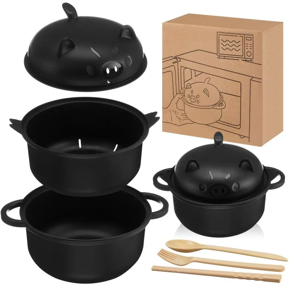 Heat Resistant Double Handle Wheat Straw Tableware, Microwave Safe Instant Noodle Bowl for Dorm Living(Pig-Black）