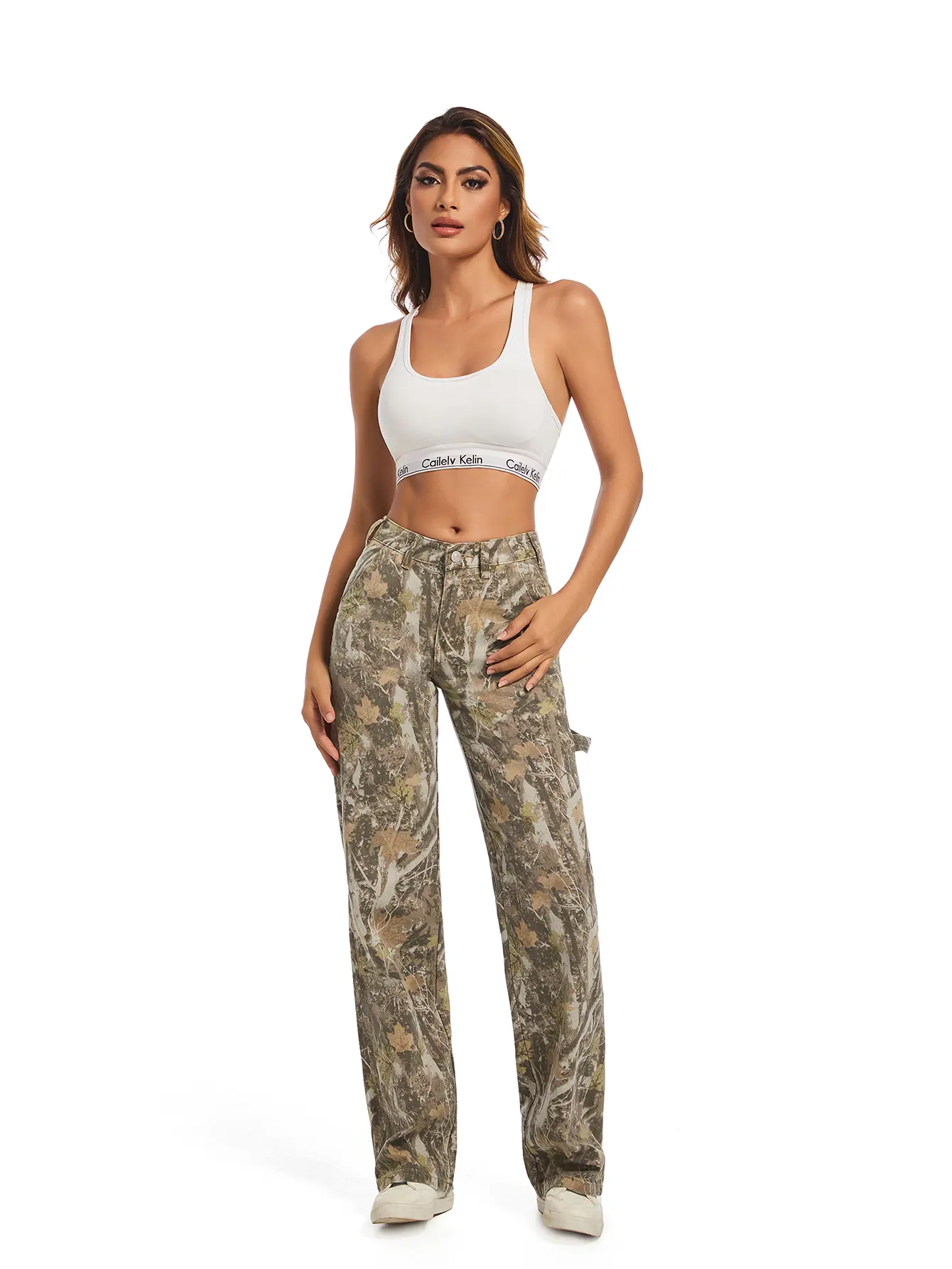 PinkyMoor Women's Loose-Fit Vintage Forest Camo Denim Cargo Pants – Featuring stretch mid-to-low rise, branch-pattern camouflage, multi-pocket design, and a loose straight-leg cut; suitable for casual, street, or everyday wear.