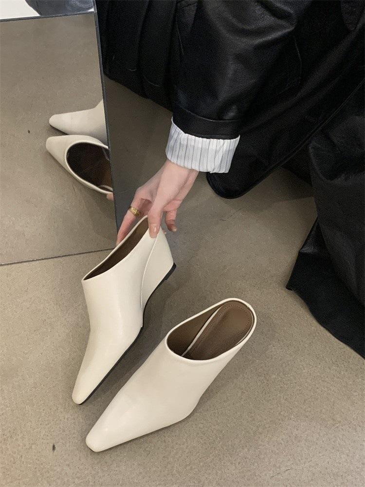 Women's Elegant Leather-Look Wedge Heel Backless Slides - Comfortable Height for Commuting & Formal Occasions