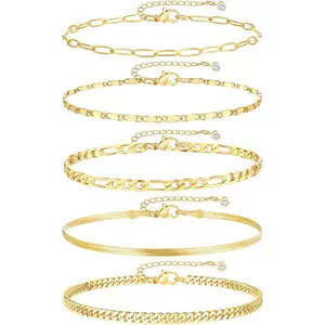 Gold Ankle Bracelets for Women, 14k Gold Plated Waterproof Cuban Link Chain Anklets Set, Layered Anklet Bracelets for Women Beach Gift Adjustable Size 5pc