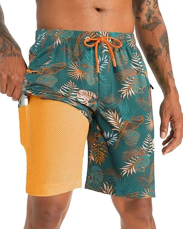 APTRO Men's Quick-Dry Polyester Elastane 2-in-1 Above-the-Knee Swim Trunks - Horizontal Zipper Pockets, 1 Liner Pocket, Built-in Liner, Coconut Print, Breathable for Swimming, Surfing