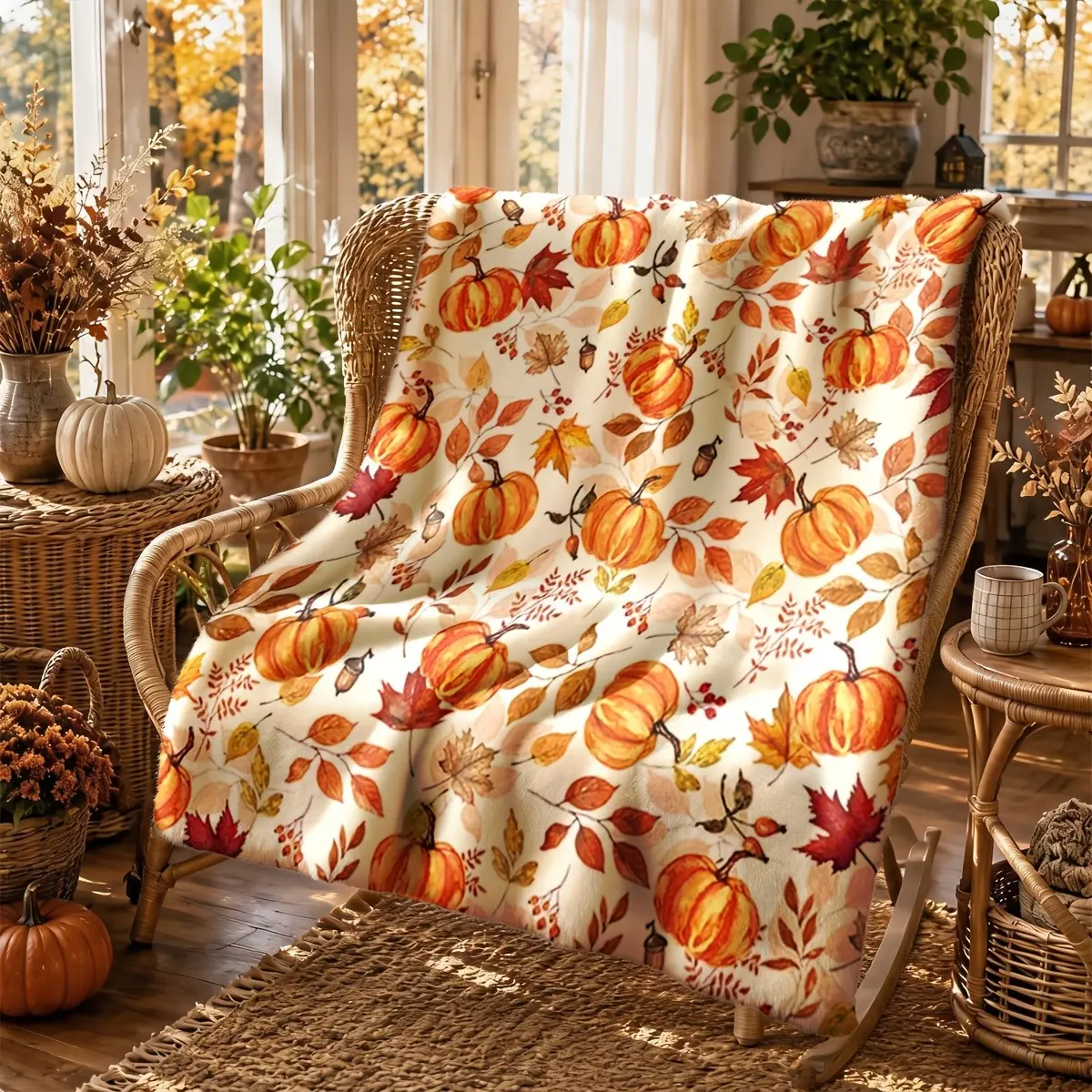 Watercolor Pumpkin-Maple Leaf Fall Pattern Flannel Blanket, Soft Cozy Warm Fuzzy Plush Throw, Farmhouse Style Decor for Bedroom Sofa, Perfect Thanksgiving Gift