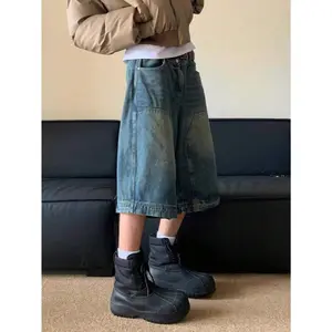 Casual Loose Bermuda Vintage Denim Shorts With Pockets, Daily Wear