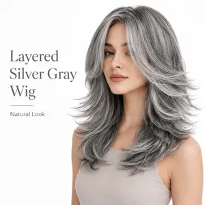 [Grey Wavy Layered Wig] Features a center-parted fringe, 20 inches long, made of synthetic fiber, with a natural look. Suitable for everyday wear, birthday parties, and various other occasions. It is versatile and easy to wear.