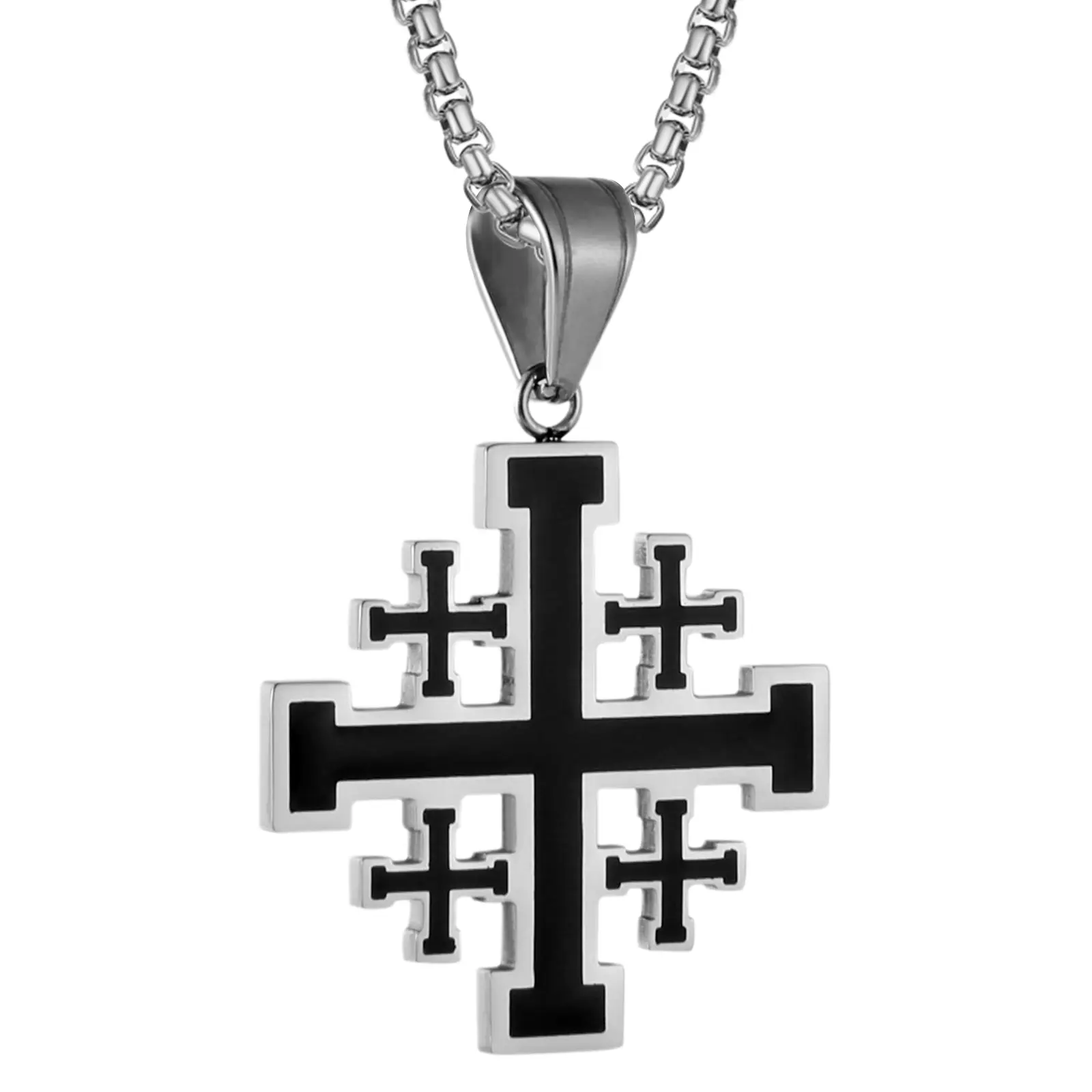OIDEA Men's Stainless Steel Jerusalem Cross Pendant Necklace - Steel-Cut Religious Crusader Emblem Jewelry, Cross Motif Chain Jewelry Necklace, Chain Jewelry Necklaces, Cross Motif Necklaces