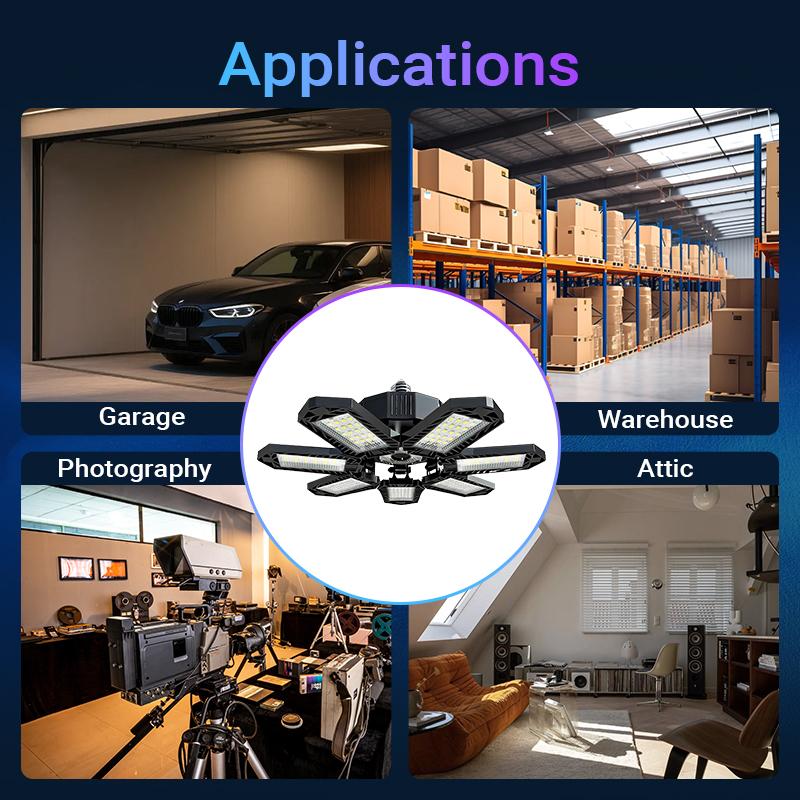 【2-Pack】FOLDABLE GARAGE LIGHT 600W 60000LM Deformable Bright Shop Ceiling Bulb Lamps E26/E27 6500k Barn Warehouse Garage Foldable 7+1 Panel Work Light Super Bright Illumination Easy Installation