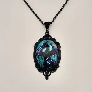 #268 Black Vintage Style Lace Frame Black & Purple Dragon with Teal Backgound 20 inch Necklace- Casual Mythical Jewelry