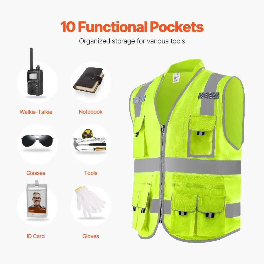【DealsForYouDays】 VEVOR Safety Vest, 10 Pockets Yellow Safety Vest, Hi Vis Zipper Front Safety Vest with Reflective Strips, High Visibility Work Construction Vest with Pockets and Walkie-Talkie Clip, for Men Womandealsforyoudays